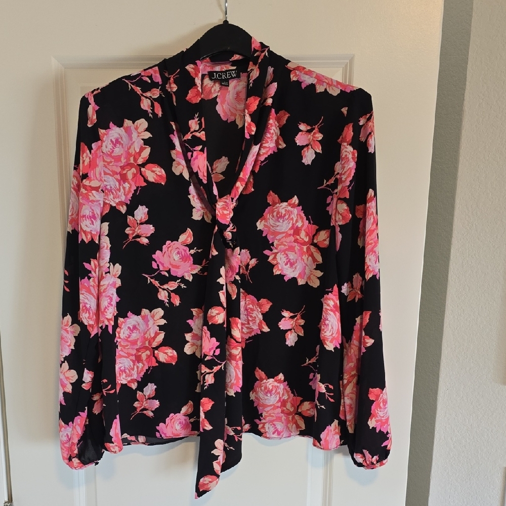 J. Crew Black and Pink Floral Blouse